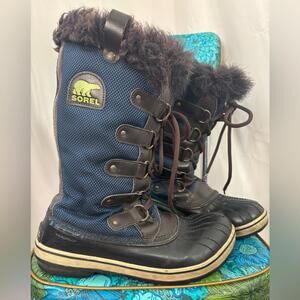 Sorel Tofino II Waterproof Blue and Black  Fur Trim Winter Boots Women Size 9